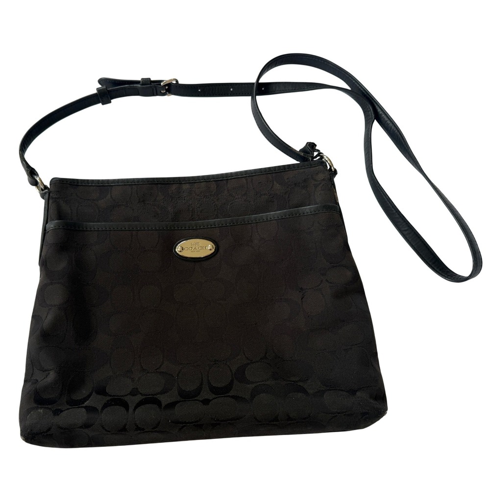 Coach Black Signature C Monogram Canvas Crossbody File Bag Leather Trim